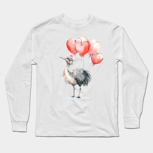 Valentine Ostrich Holding Heart Shaped Balloons Long Sleeve T-Shirt by Chromatic Fusion Studio